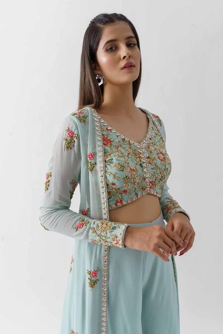 Shop_Suruchi Parakh_Blue Georgette, Lining Shantoon Mirror Work, Embroidered Pant Set And Jacket _Online_at_Aza_Fashions