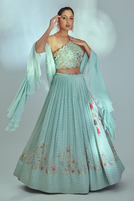 Buy_Suruchi Parakh_Blue Floral Print, Thread, Cutdana Andsequin Work Embroidered Flared Lehenga Set _Online_at_Aza_Fashions