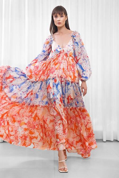 Mandira Wirk Resort_Multi Color Georgette, Lurex V-neck Block Tiered Dress _Online_at_Aza_Fashions