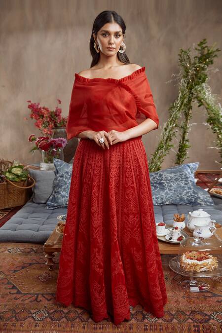 Buy Jade By Monica & Karishma Tulle Textured Off Shoulder Lehenga Set at Aza Fashions Buy_Jade By Monica & Karishma_Tulle Textured Off Shoulder Lehenga Set_at_Aza_Fashions