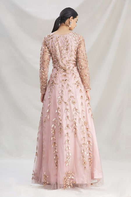 Shop Samyukta Singhania Pink Net, Satin, Lycra Embroidery Round Neck Floral Anarkali Gown at Aza Fashions Shop_Samyukta Singhania_Pink Net, Satin, Lycra Embroidery Round Neck Floral Anarkali Gown_at_Aza_Fashions