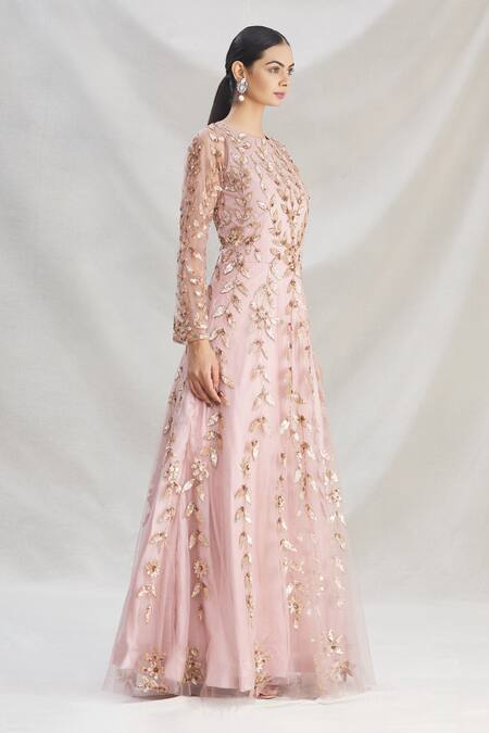 Samyukta Singhania Pink Net, Satin, Lycra Embroidery Round Neck Floral Anarkali Gown Online at Aza Fashions Samyukta Singhania_Pink Net, Satin, Lycra Embroidery Round Neck Floral Anarkali Gown_Online_at_Aza_Fashions