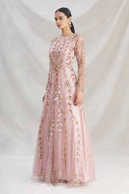 Buy Samyukta Singhania Pink Net, Satin, Lycra Embroidery Round Neck Floral Anarkali Gown Online at Aza Fashions Buy_Samyukta Singhania_Pink Net, Satin, Lycra Embroidery Round Neck Floral Anarkali Gown_Online_at_Aza_Fashions