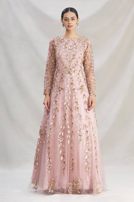Shop Samyukta Singhania Pink Net, Satin, Lycra Embroidery Round Neck Floral Anarkali Gown Online at Aza Fashions Shop_Samyukta Singhania_Pink Net, Satin, Lycra Embroidery Round Neck Floral Anarkali Gown_Online_at_Aza_Fashions