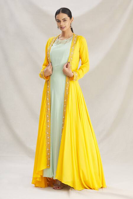 Khwaab by Sanjana Lakhani Yellow Pure Chinnon Embroidered Jacket And Anarkali Set