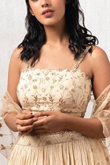 Shop_Pleats By Kaksha And Dimple_White Crepe Bustier Square Embellished Jacket Lehenga Set_Online_at_Aza_Fashions