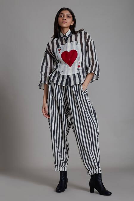 Mati Black Pure Linen And 100% Cotton Stripes Shirt Collar Heart Applique & Pant Set 
