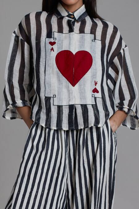 Shop_MATI_Black Pure Linen And 100% Cotton Stripes Shirt Collar Heart Applique & Pant Set_Online_at_Aza_Fashions