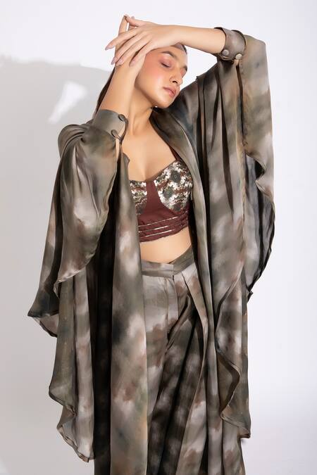 Studio Surbhi_Green Georgette, Satin Open Neck Digital Print Kaftan Shrug _Online_at_Aza_Fashions