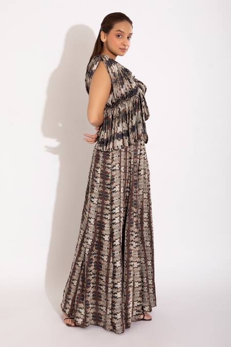 Buy_Studio Surbhi_Blue Georgette, Satin V-neck Printed Draped Blouse And Kalidar Skirt Set _Online_at_Aza_Fashions