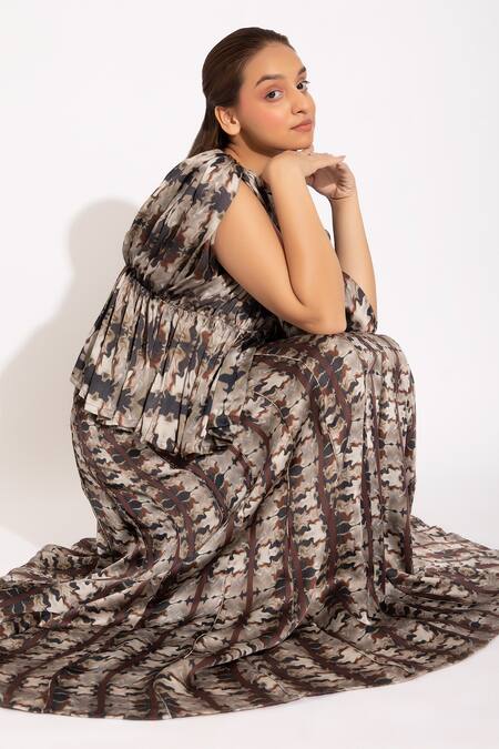 Studio Surbhi_Blue Georgette, Satin V-neck Printed Draped Blouse And Kalidar Skirt Set _at_Aza_Fashions