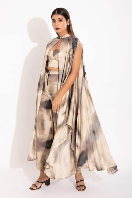 Studio Surbhi_Cream Georgette, Satin Piping Mandarin Collar Digital Print Shrug _Online_at_Aza_Fashions