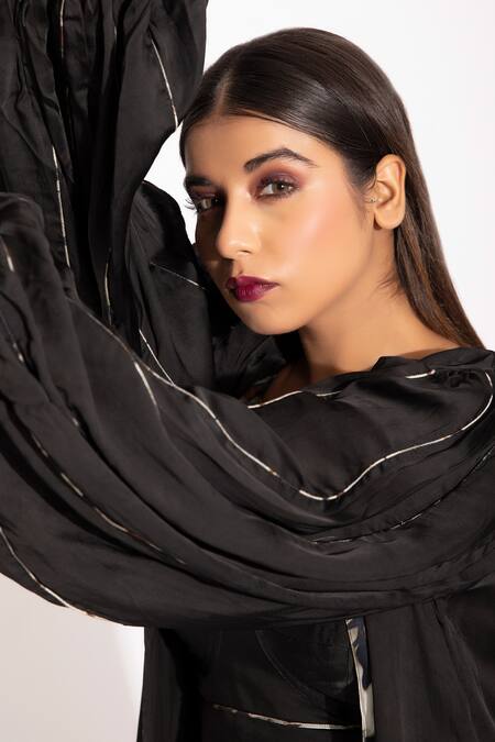 Studio Surbhi_Black Georgette, Satin Open Neck Gathered Sleeved Shrug _Online_at_Aza_Fashions