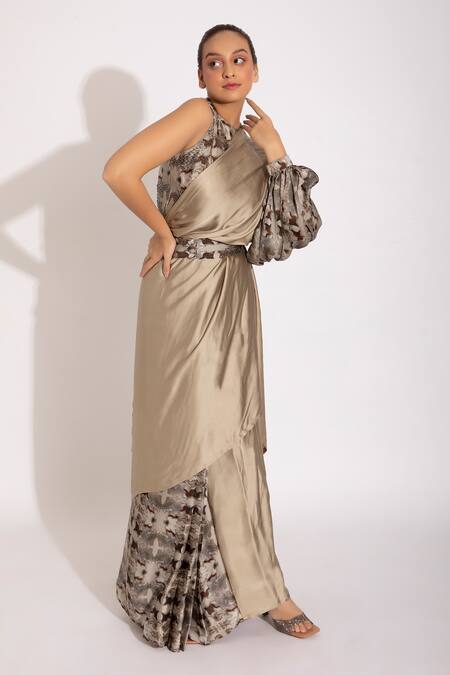 Buy_Studio Surbhi_Grey Pre-stitched Abstract Pattern Saree With Cutdana Embellished Blouse_Online_at_Aza_Fashions