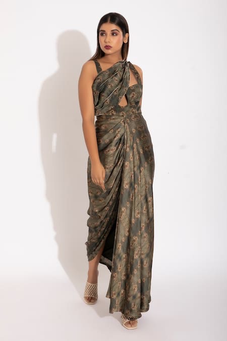 Studio Surbhi_Green Cotton Satin, Georgette Piping Olive Abstract Print Draped Saree Gown _Online_at_Aza_Fashions
