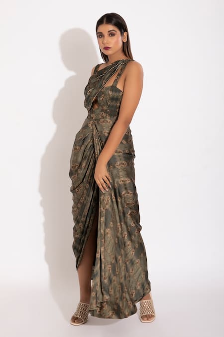 Buy_Studio Surbhi_Green Cotton Satin, Georgette Piping Olive Abstract Print Draped Saree Gown _Online_at_Aza_Fashions