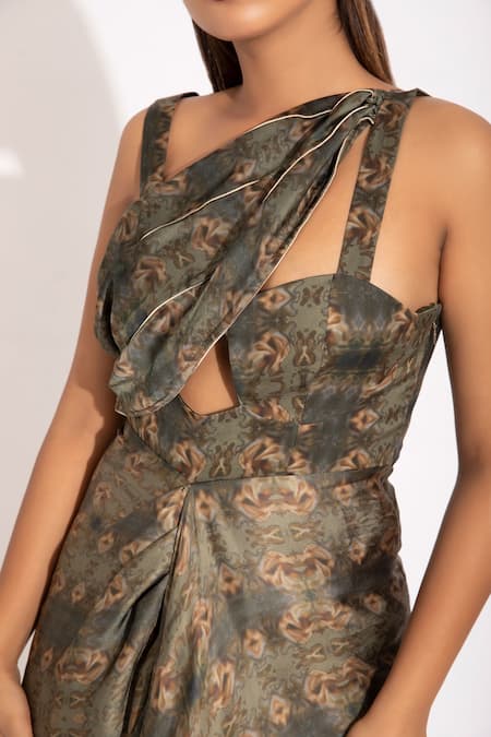 Shop_Studio Surbhi_Green Cotton Satin, Georgette Piping Olive Abstract Print Draped Saree Gown _Online_at_Aza_Fashions