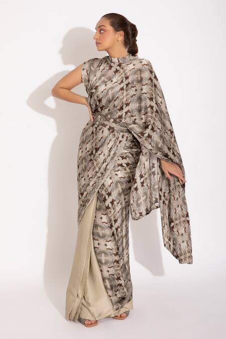 Studio Surbhi_Grey Georgette, Satin Cut Work, Pre-stitched Illusion Print Saree With Blouse_Online_at_Aza_Fashions