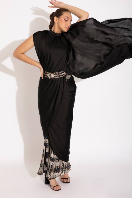 Studio Surbhi Black Georgette, Satin Beads High Neck Abstract Print Pant Saree Online at Aza Fashions Studio Surbhi_Black Georgette, Satin Beads High Neck Abstract Print Pant Saree _Online_at_Aza_Fashions