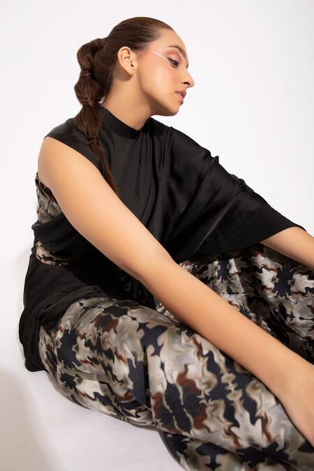 Shop Studio Surbhi Black Georgette, Satin Beads High Neck Abstract Print Pant Saree Online at Aza Fashions Shop_Studio Surbhi_Black Georgette, Satin Beads High Neck Abstract Print Pant Saree _Online_at_Aza_Fashions