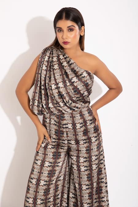 Shop_Studio Surbhi_Blue Georgette, Satin One Shoulder Draped Bodice Jumpsuit _Online_at_Aza_Fashions