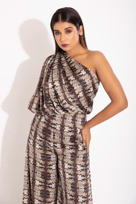 Studio Surbhi_Blue Georgette, Satin One Shoulder Draped Bodice Jumpsuit _at_Aza_Fashions