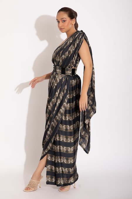 Studio Surbhi_Blue Georgette, Satin Cut Work, Pre-stitched Abstract Print Saree With Blouse _Online_at_Aza_Fashions