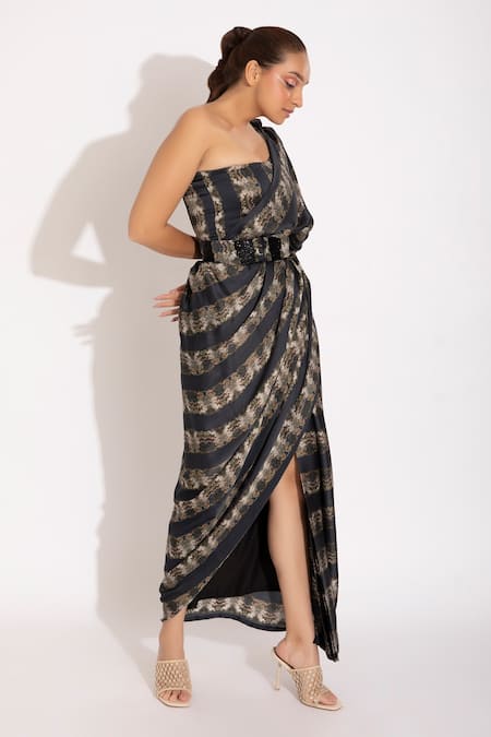 Buy_Studio Surbhi_Blue Georgette, Satin Cut Work, Pre-stitched Abstract Print Saree With Blouse _Online_at_Aza_Fashions