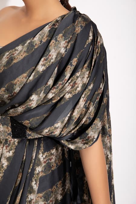 Shop_Studio Surbhi_Blue Georgette, Satin Cut Work, Pre-stitched Abstract Print Saree With Blouse _Online_at_Aza_Fashions