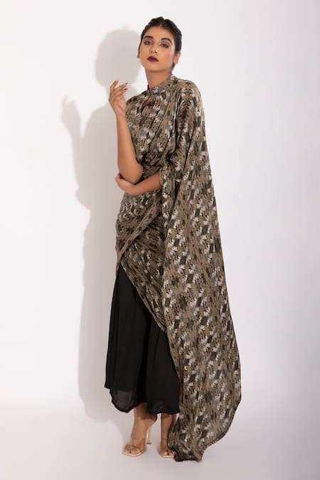 Studio Surbhi_Black Georgette, Satin Beads High Neck Abstract Print Pant Saree With Blouse _Online_at_Aza_Fashions