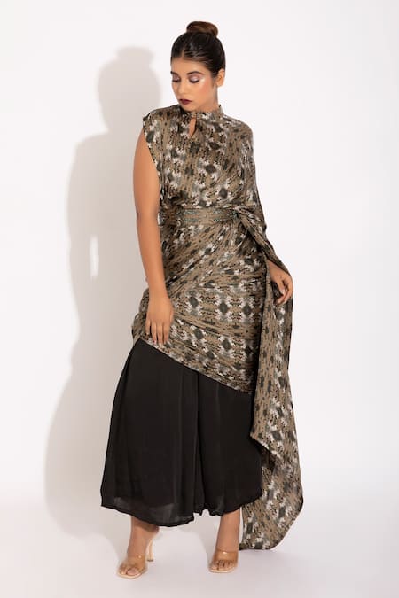 Buy_Studio Surbhi_Black Georgette, Satin Beads High Neck Abstract Print Pant Saree With Blouse _Online_at_Aza_Fashions