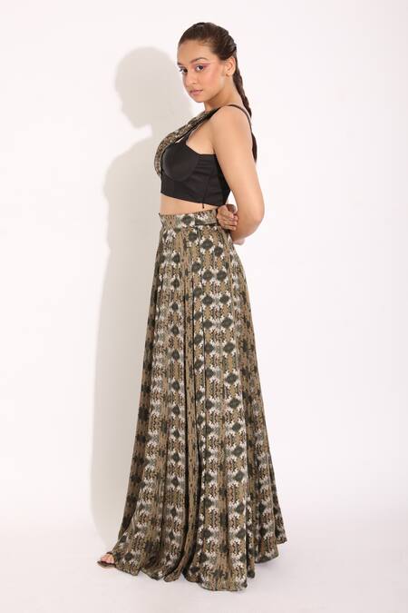 Buy_Studio Surbhi_Brown Georgette, Satin Asymmetric Digital Print Bustier And Kalidar Skirt Set _Online_at_Aza_Fashions