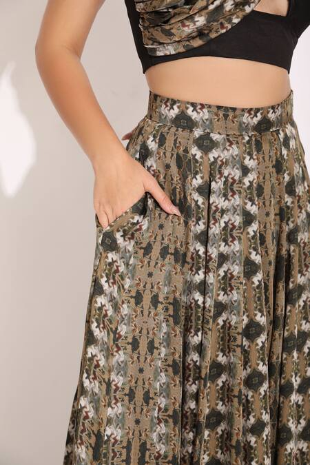Studio Surbhi_Brown Georgette, Satin Asymmetric Digital Print Bustier And Kalidar Skirt Set _at_Aza_Fashions