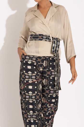 Studio Surbhi_Black Georgette, , Silk, Satin Piping Kimono Lapel Top And Pant Set _Online_at_Aza_Fashions