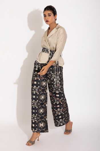 Buy_Studio Surbhi_Black Georgette, , Silk, Satin Piping Kimono Lapel Top And Pant Set _Online_at_Aza_Fashions