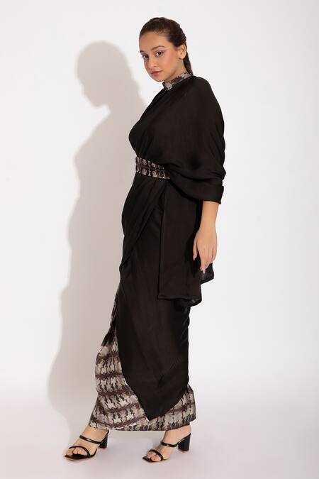 Studio Surbhi_Blue Georgette, Satin Cut Work, Pre-stitched Saree With Illusion Print Blouse_Online_at_Aza_Fashions