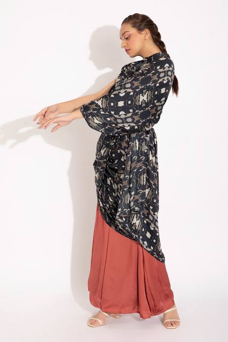 Studio Surbhi_Black Georgette, Satin Embroidery Collared Draped Wide Legged Pant Saree Set _Online_at_Aza_Fashions