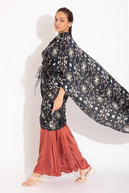 Buy_Studio Surbhi_Black Georgette, Satin Embroidery Collared Draped Wide Legged Pant Saree Set _Online_at_Aza_Fashions