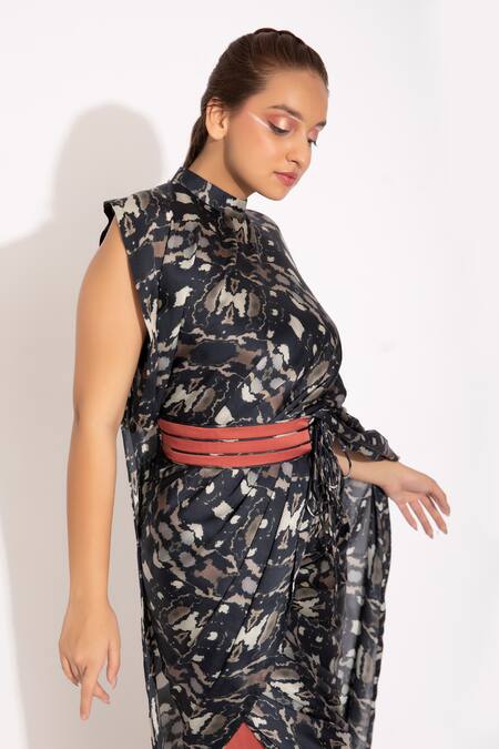 Shop_Studio Surbhi_Black Georgette, Satin Embroidery Collared Draped Wide Legged Pant Saree Set _Online_at_Aza_Fashions