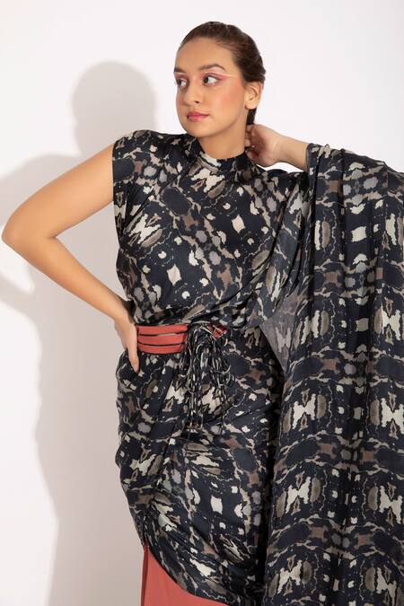 Studio Surbhi_Black Georgette, Satin Embroidery Collared Draped Wide Legged Pant Saree Set _at_Aza_Fashions