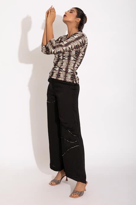 Studio Surbhi Blue Cotton, Silk Shawl Neck Printed Shirt And Pant Set Online at Aza Fashions Studio Surbhi_Blue Cotton, Silk Shawl Neck Printed Shirt And Pant Set _Online_at_Aza_Fashions