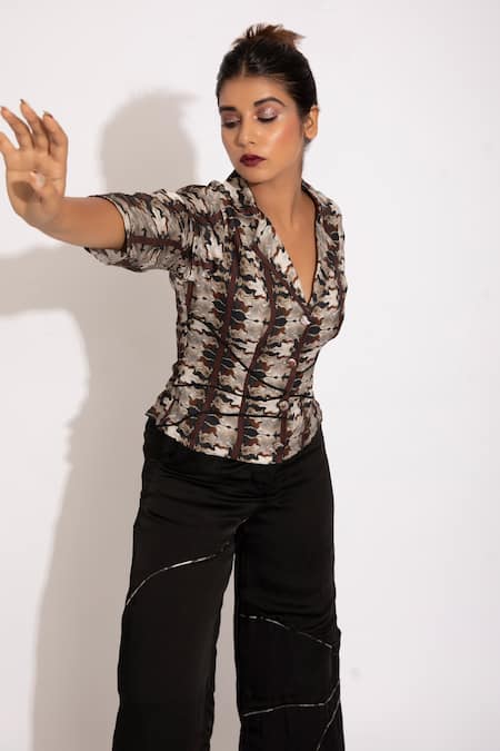 Buy Studio Surbhi Blue Cotton, Silk Shawl Neck Printed Shirt And Pant Set Online at Aza Fashions Buy_Studio Surbhi_Blue Cotton, Silk Shawl Neck Printed Shirt And Pant Set _Online_at_Aza_Fashions