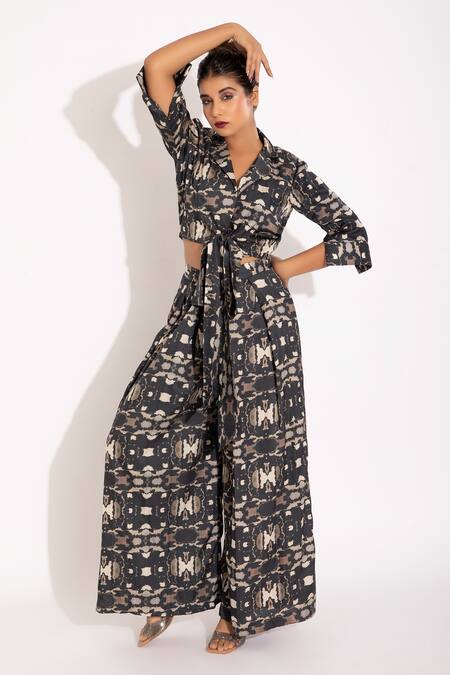 Studio Surbhi_Black Cotton, Silk Split V-neck Digital Print Shirt And Pleated Pant Set _Online_at_Aza_Fashions