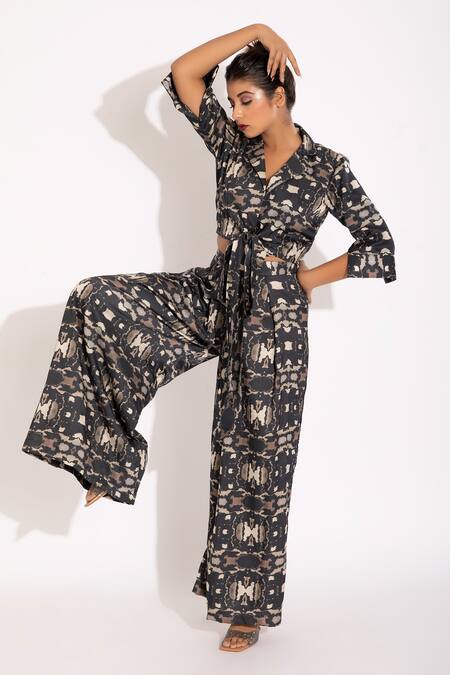 Buy_Studio Surbhi_Black Cotton, Silk Split V-neck Digital Print Shirt And Pleated Pant Set _Online_at_Aza_Fashions