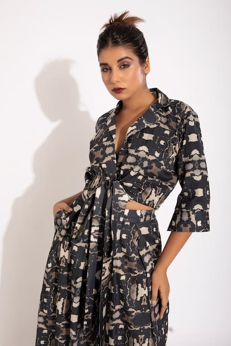 Shop_Studio Surbhi_Black Cotton, Silk Split V-neck Digital Print Shirt And Pleated Pant Set _Online_at_Aza_Fashions