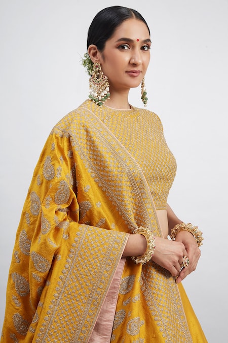 Sheetal Batra_Yellow Raw Silk Round Aatifa Bridal Lehenga Set_Online_at_Aza_Fashions