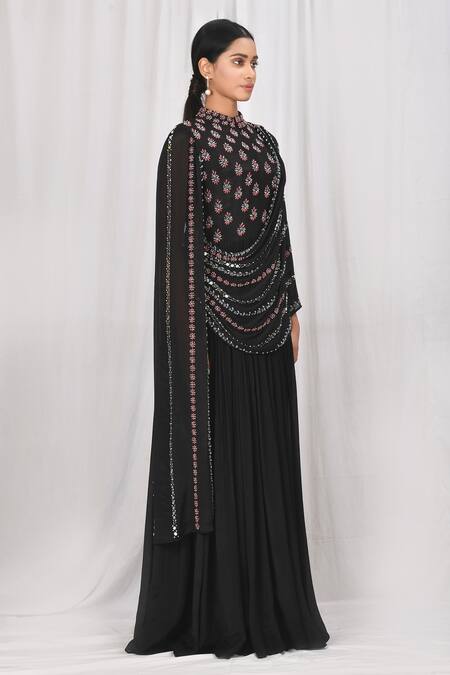 Khwaab By Sanjana Lakhani_Black Chinon Cutdana And Mirror Work Draped Gown_Online_at_Aza_Fashions
