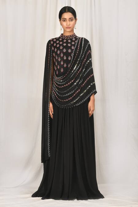 Buy_Khwaab By Sanjana Lakhani_Black Chinon Cutdana And Mirror Work Draped Gown_Online_at_Aza_Fashions