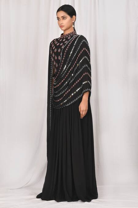 Shop_Khwaab By Sanjana Lakhani_Black Chinon Cutdana And Mirror Work Draped Gown_Online_at_Aza_Fashions