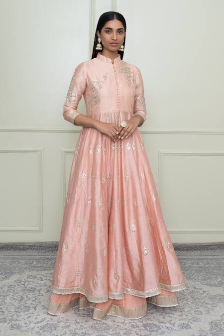 Sheetal Batra_Pink Organza, Crushed Cotton, Chanderi Mandarin Collar Anarkali Set _Online_at_Aza_Fashions